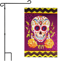 G128 Combo Pack: Garden Flag Stand Black 36 in x 16 in & Garden Flag Day of the Dead Decoration Sugar Skull 12x18 DoubleSided Blockout Fabric