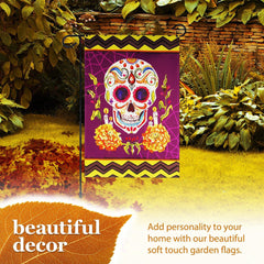 G128 Combo Pack: Garden Flag Stand Black 36 in x 16 in & Garden Flag Day of the Dead Decoration Sugar Skull 12x18 DoubleSided Blockout Fabric