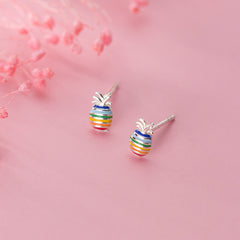 S925 Silver Pineapple Earrings - Cute Rainbow Design