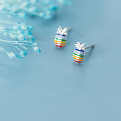 S925 Silver Pineapple Earrings - Cute Rainbow Design