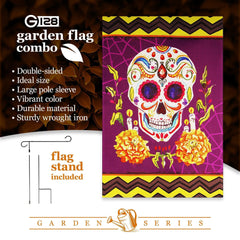 G128 Combo Pack: Garden Flag Stand Black 36 in x 16 in & Garden Flag Day of the Dead Decoration Sugar Skull 12x18 DoubleSided Blockout Fabric
