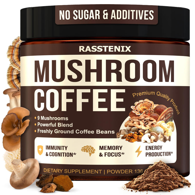 Rasstenix Mushroom Coffee Organic - 9 Mushroom Adaptogen Mix - Lions Mane Chaga Turkey Tail Reishi Shiitake - Instant Mushrooms Coffee for Gut Health Energy Mental Clarity - 60 Servings