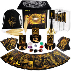 78 Tarot Cards with Guide Book Black Tarot Deck Gift Set with Tarot Cloth Chakra Stones and More Tarot Cards Deck Fortune Telling Game Craft Cardboard for Beginners and Expert Readers