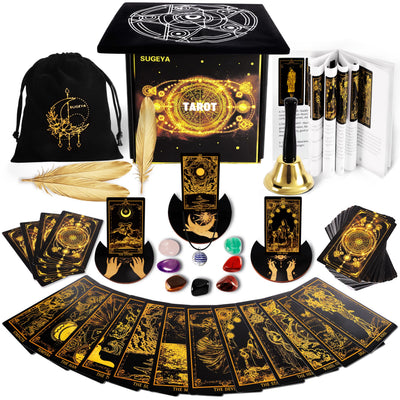 78 Tarot Cards with Guide Book Black Tarot Deck Gift Set with Tarot Cloth Chakra Stones and More Tarot Cards Deck Fortune Telling Game Craft Cardboard for Beginners and Expert Readers