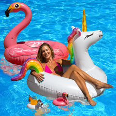 JAMBO Unicorn and Flamingo Pool Floats- 2 Pack with 2 Drink Holders Large Flamingo Tube Float Huge Unicorn Floating Tube Giant Pool Float Set Pool Floats Adult & Teens Inflatable Pool Toys