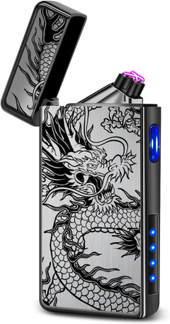 LcFun Electric Lighter USB Rechargeable Lighter Windproof Plasma Dual Arc Lighter Flameless Cool Lighters with LED Battery Indication for Candles Incense Stick Outdoor Camping (Black Dragon)