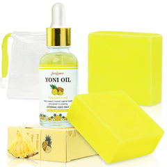 Yoni Oil Yoni Soap Bar Feminine Wash Set Organic Pineapple Juicy Body Oil Handmade Yoni Bar Soaps for Women Ph Balance Vagina Oil for Eliminates Odor Yoni Care Soaps for Intimate Moisturizing