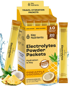KEY NUTRIENTS Electrolytes Powder Packets - Tropical Pineapple Coconut 20 Pack Hydration Packets - Travel Hydration Powder - No Sugar No Calories Gluten Free Keto Electrolytes Powder - Made in USA