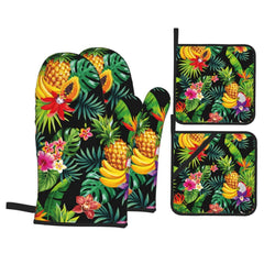 Tropical Fruit Pineapple Palm Leaves and Flowers Oven Mitts and Potholders Professional Heat Resistant Cotton Oven Mitts Kitchen Gloves 4 Piece Set