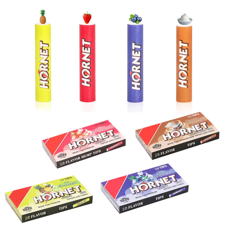 HORNET Mix Flavored Pre-Rolled Tips for Rolling Papers Strawberry Blueberry Pineapple Cream Ø7mm Filters (4 packs of 10)