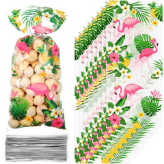 Geyee 100 Pieces Flamingo Cellophane Treat Bags Pineapple Treat Bags Hawaiian Tropical Goodie Gift Bags Pink Flamingos Palm Tree with 100 Silver Twist Ties for Teens Birthday Party Supplies