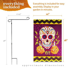 G128 Combo Pack: Garden Flag Stand Black 36 in x 16 in & Garden Flag Day of the Dead Decoration Sugar Skull 12x18 DoubleSided Blockout Fabric
