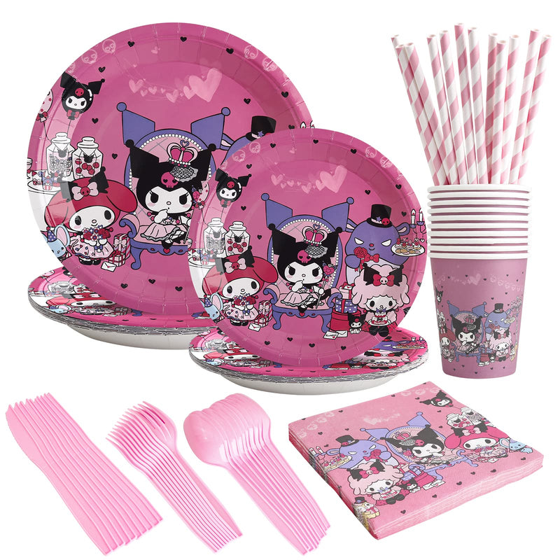 92 PCs Cute Anime Party Plates and Cups and Napkins sets for Girl Pink Birthday Kawaii Party Supplies Anime Cosplay Girl Birthday Decorations Serves 10 Guests