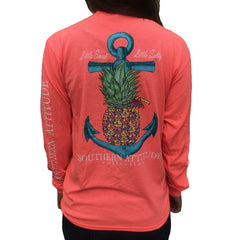 Southern Attitude Pineapple Anchor Coral Womens Long Sleeve T-Shirt (Large)